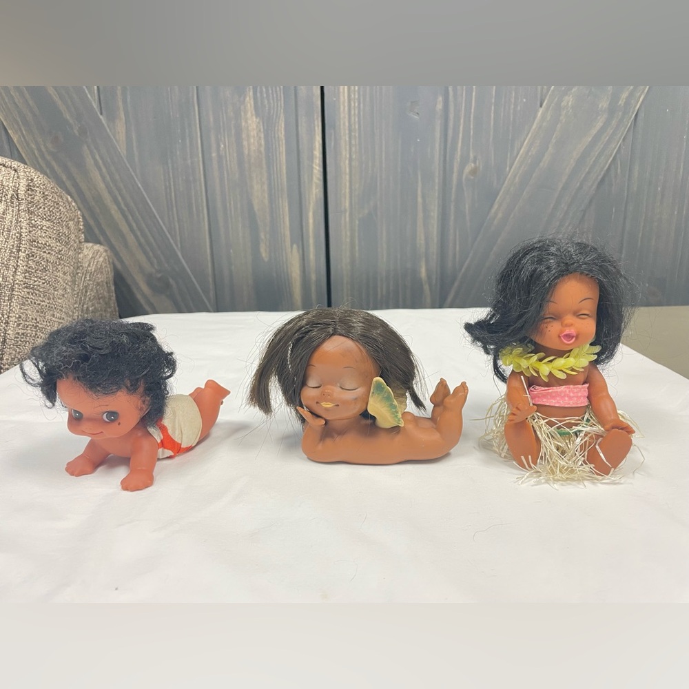 Vintage Lot of 3 Hawaiian rubber toy dolls Made in Japan, Hula girl, Angel& Boy